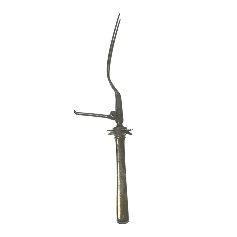 Antique Monogrammed‎ Silverplate Meat Carving Fork Hinged Guard 10 Inch